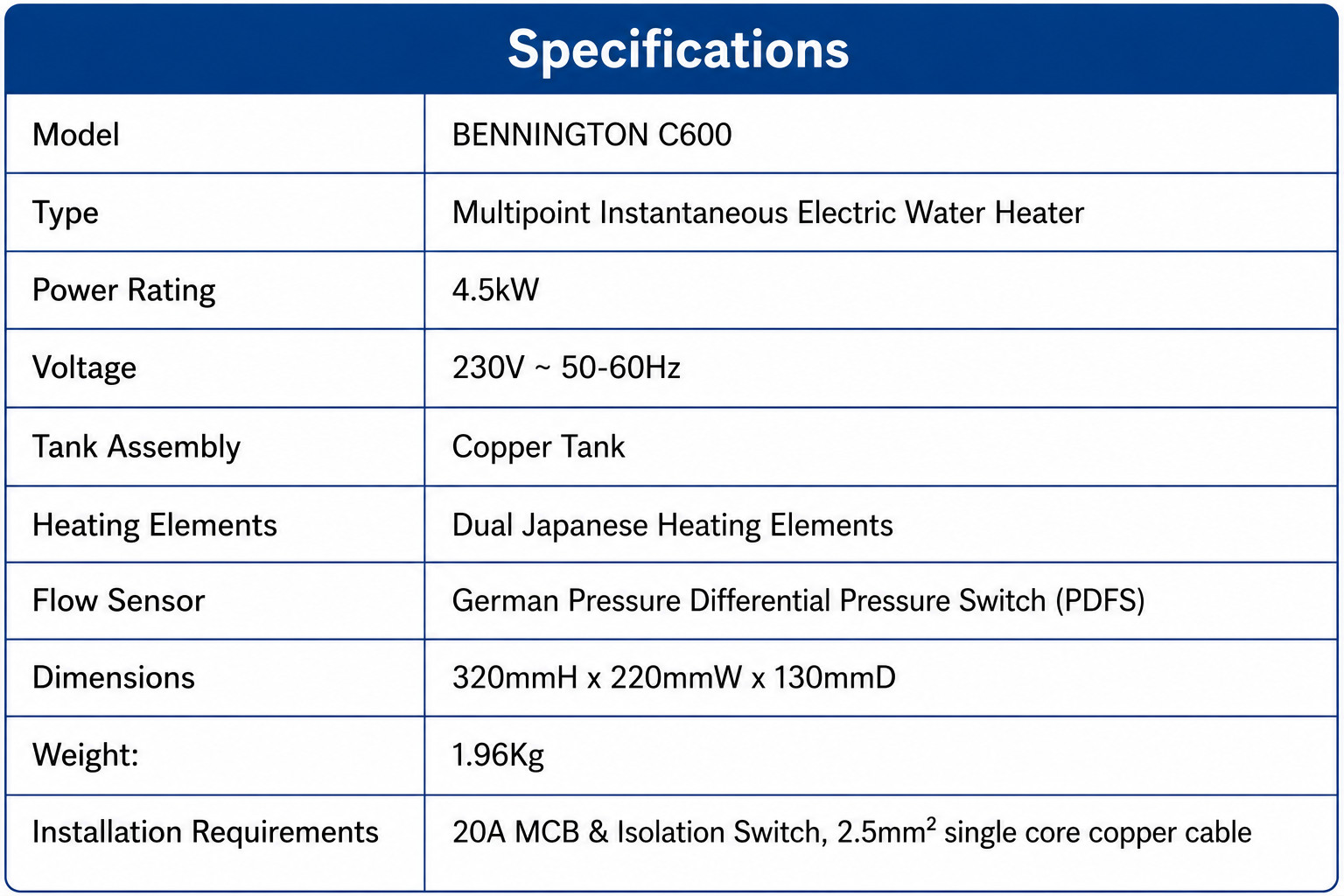 BENNINGTON C600 Specifications